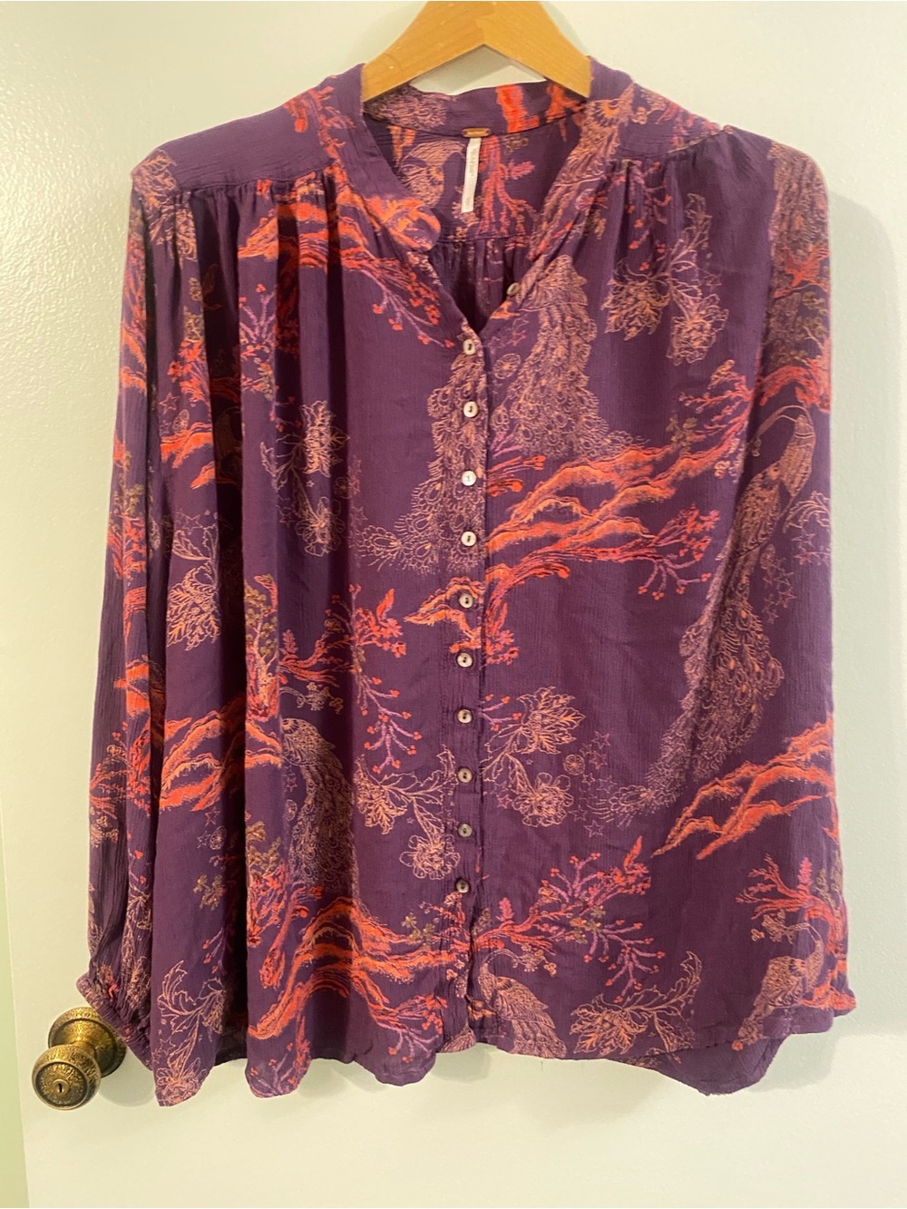Free People Purple and Pink hues Printed Button-Down Shirt oversized S/P